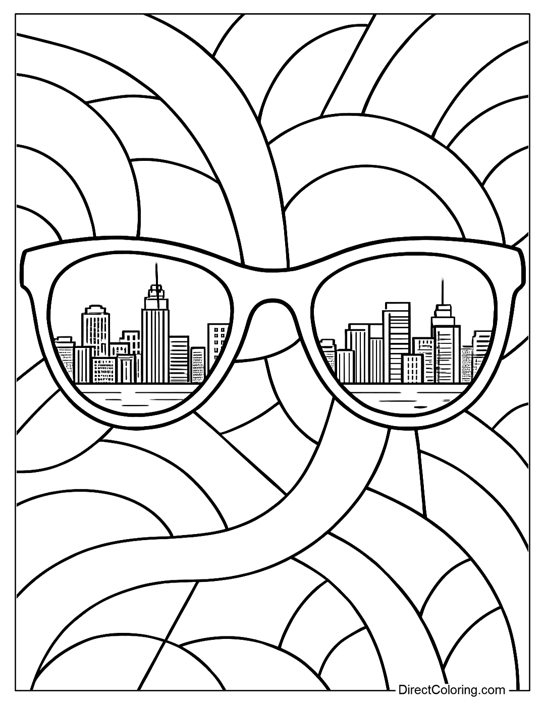 coloring page Sunglasses reflecting a modern city scene